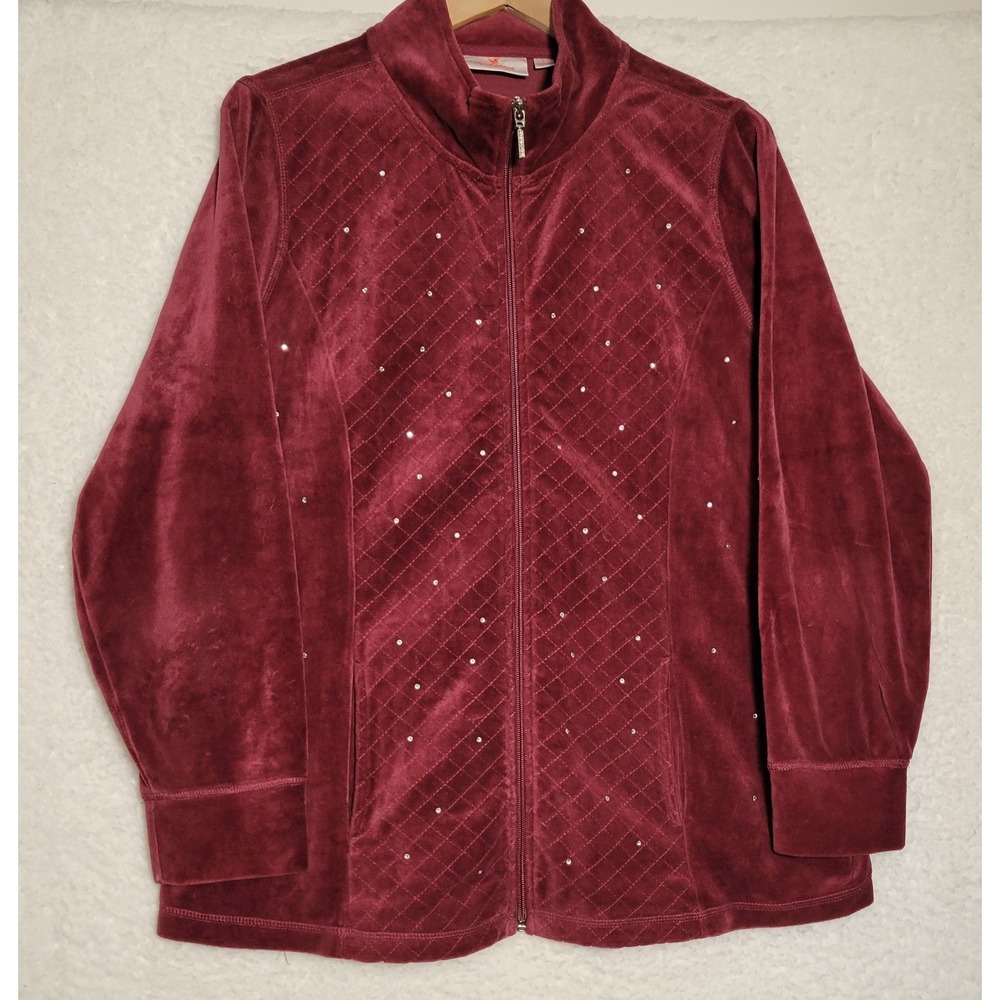 The Quacker Factory Zip Jacket Womens Large Maroon Rhinestone Velour Velvet 0230